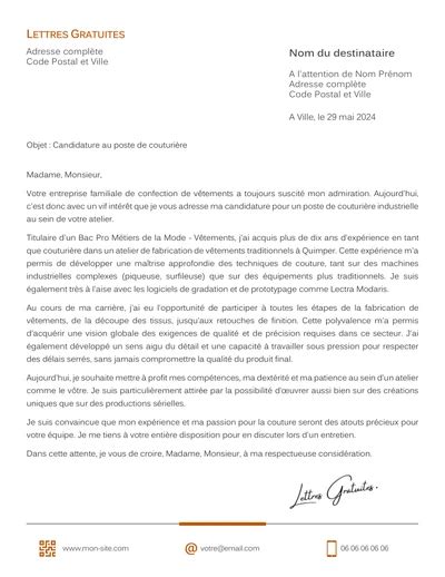 Lettre de motivation Couturière ou Retoucheuse.